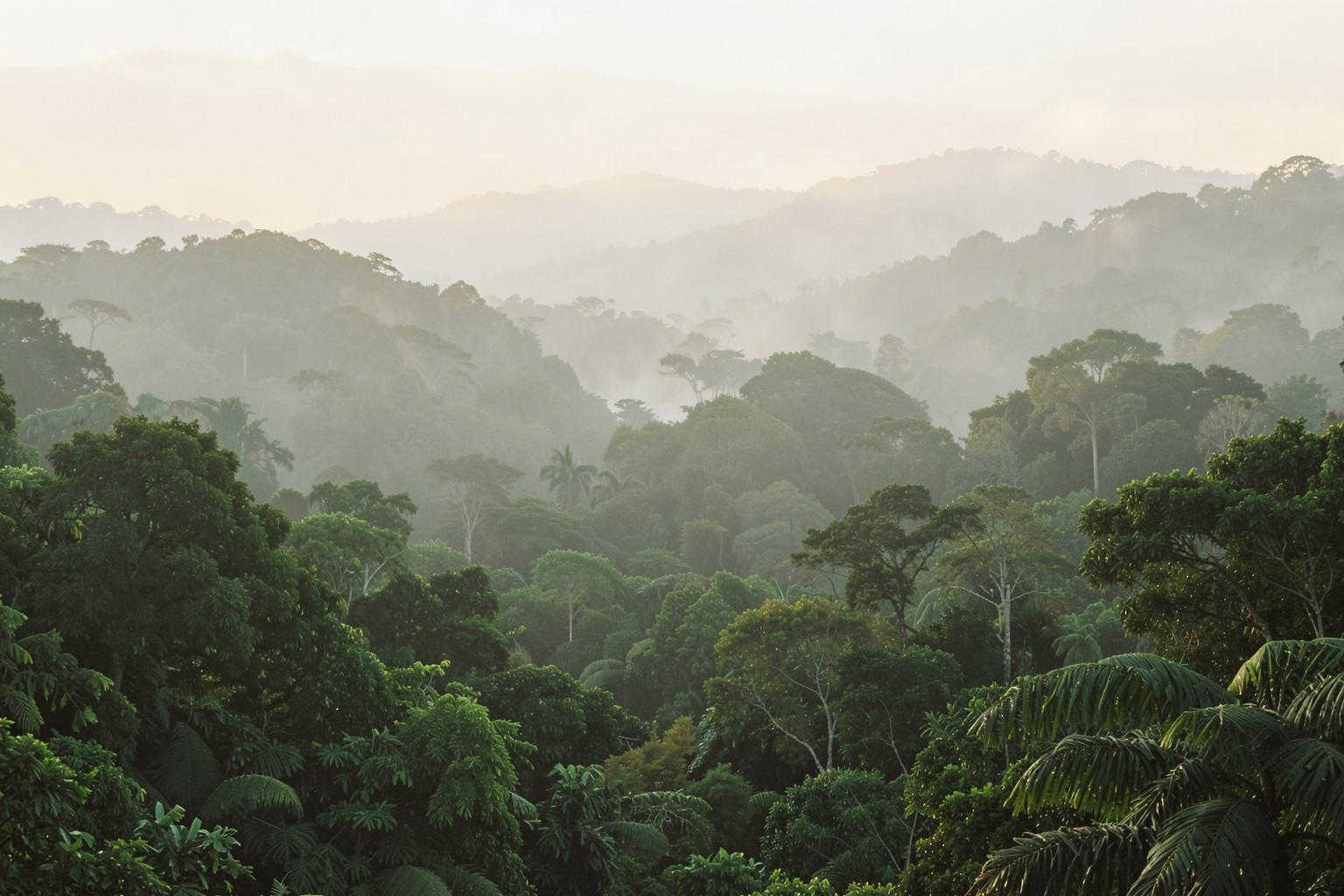 Misty forest canopy in the Ghanaian highlands at dawn