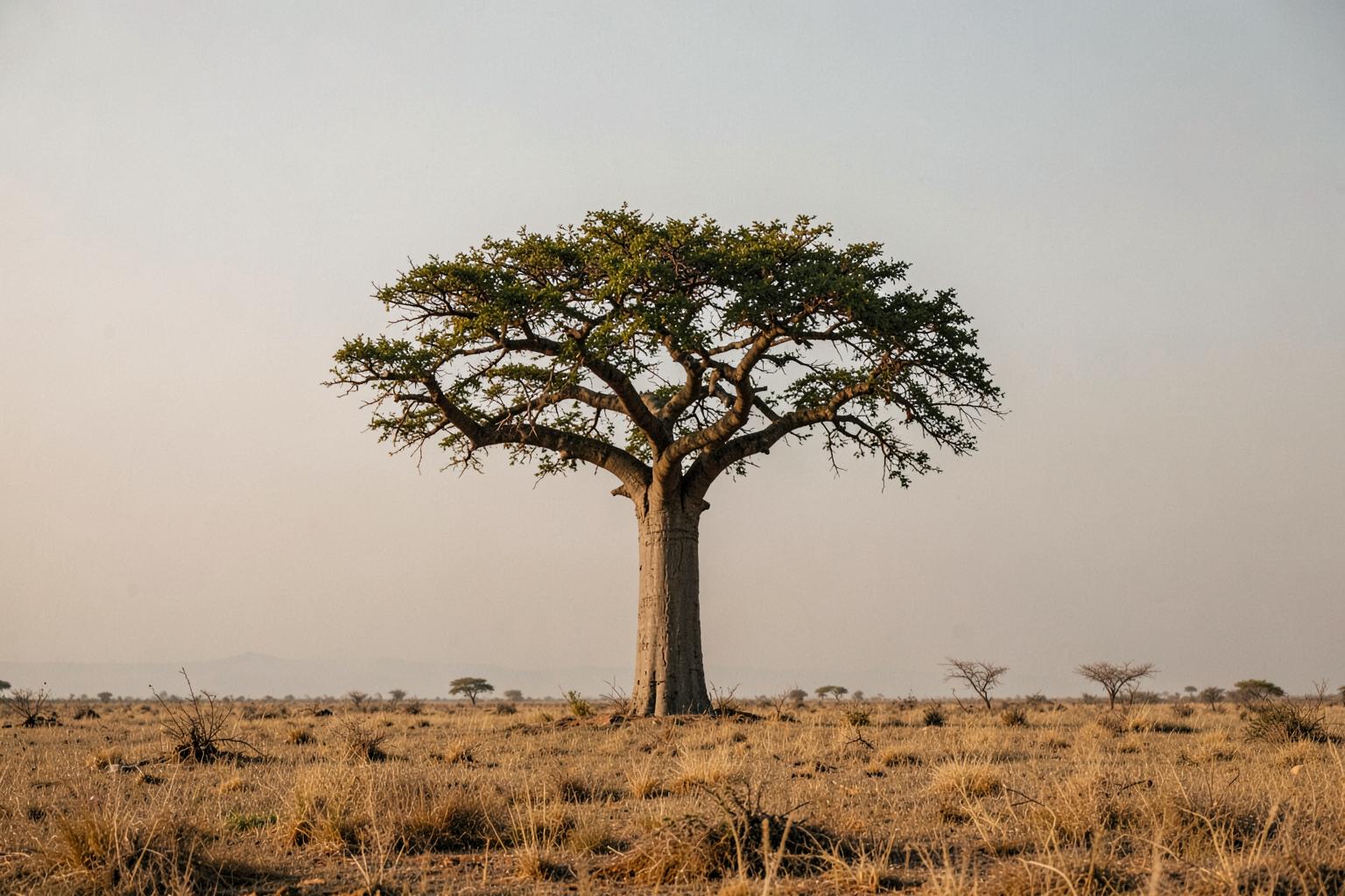 A lone baobab tree on open Ghanaian grassland in soft haze